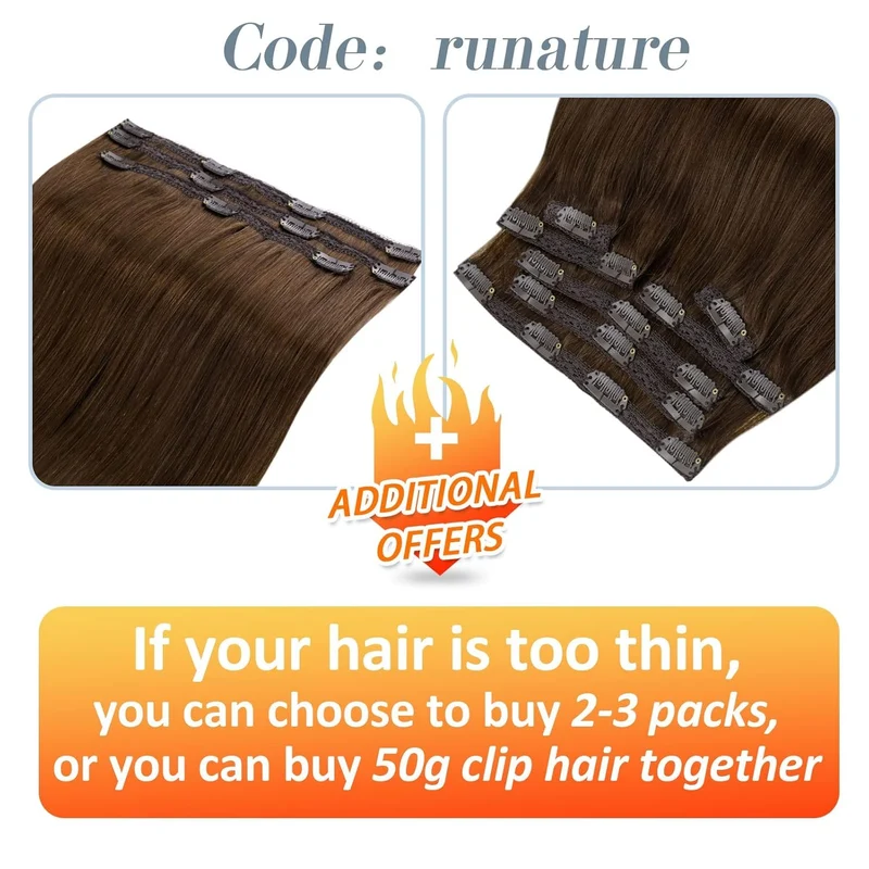 RUNATURE Clip in Extensions Echthaar Mittel Braun 30cm Kurz Echthaar Extensions Clip in Haarverlänge