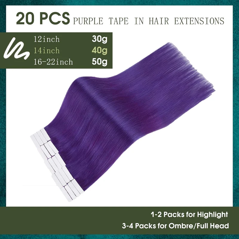 RUNATURE Lila Tape in Extensions Echthaar Bunt 30cm Remy Tape Extensions Echthaar Purple Invisible T