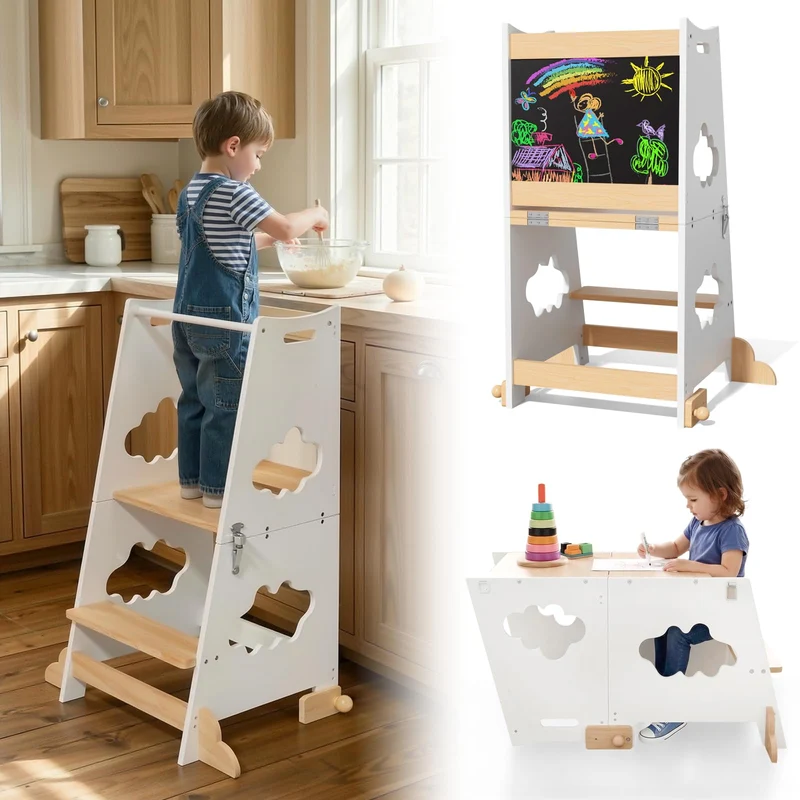 KIDINIX Lernturm ab 1 Jahr, 3 in 1 Montessori Learning Tower mit Sicherheitsgeländer und Tafel, Klap
