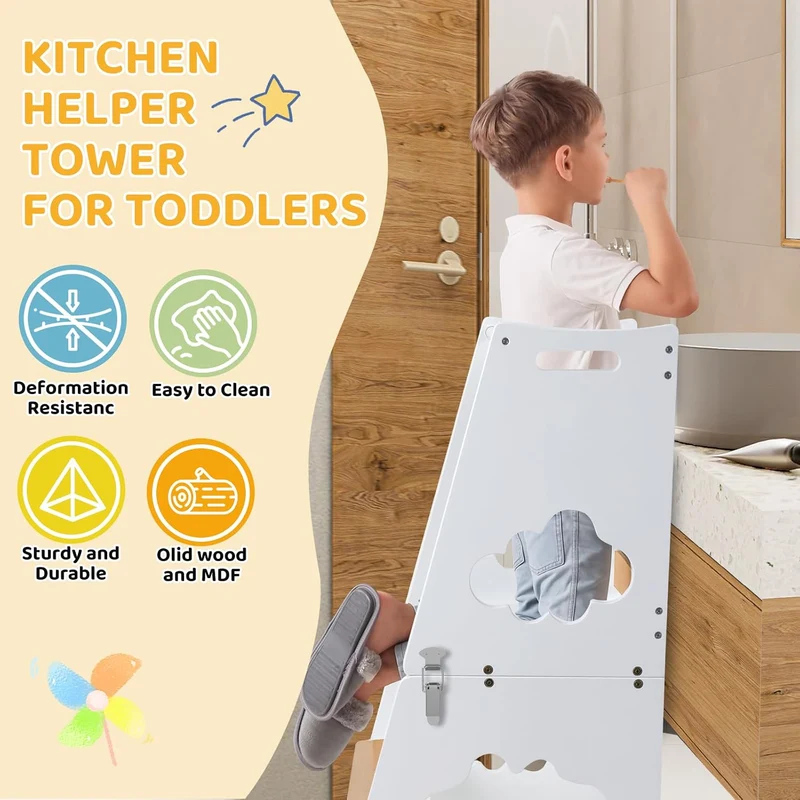 KIDINIX Lernturm ab 1 Jahr, 3 in 1 Montessori Learning Tower mit Sicherheitsgeländer und Tafel, Klap