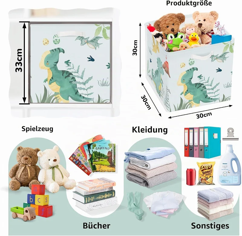 Clastyle 3 Stück Dinosaurier Aufbewahrungsbox Stoff für Kallax Faltbar Aufbewahrungskorb Klein Schra