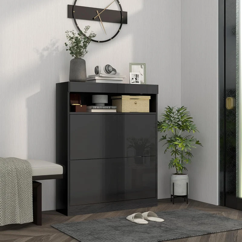 HOMCOM Schmaler Schuhschrank, Wandmontage oder freistehender Schuhschrank mit 2 Klappschubladen und