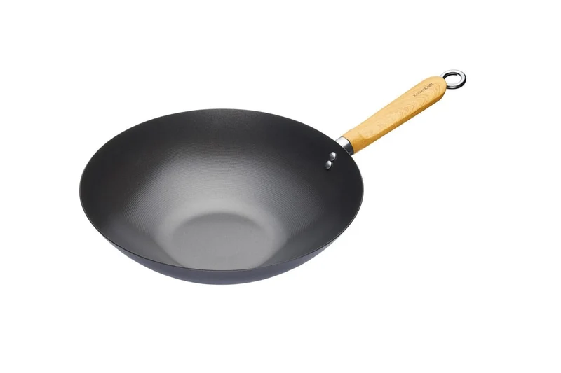 KitchenCraft World of Flavours Antihaft-Wok mit Holzgriffen, induktionsgeeignet, Kohlenstoffstahl, 3