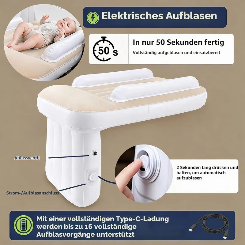 Tragbares Baby Reisebett, Elektrisch Selbstaufblasend, Kompakt & Tragbar, Flugzeugbett für Kleinkind