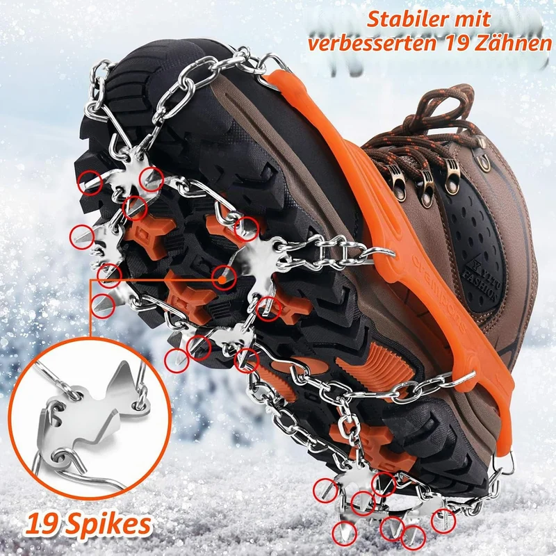 WIN.MAX Steigeisen Grödel Eisspikes, Schuhkrallen mit19 Edelstahl Zähne Spikes Schuhkrallen Grödeln