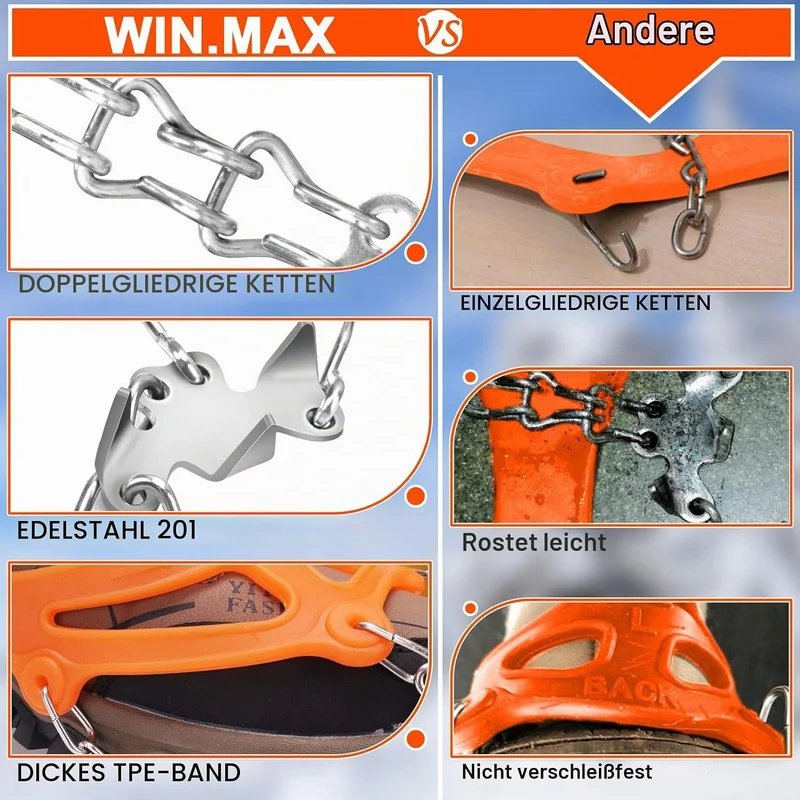 WIN.MAX Steigeisen Grödel Eisspikes, Schuhkrallen mit19 Edelstahl Zähne Spikes Schuhkrallen Grödeln