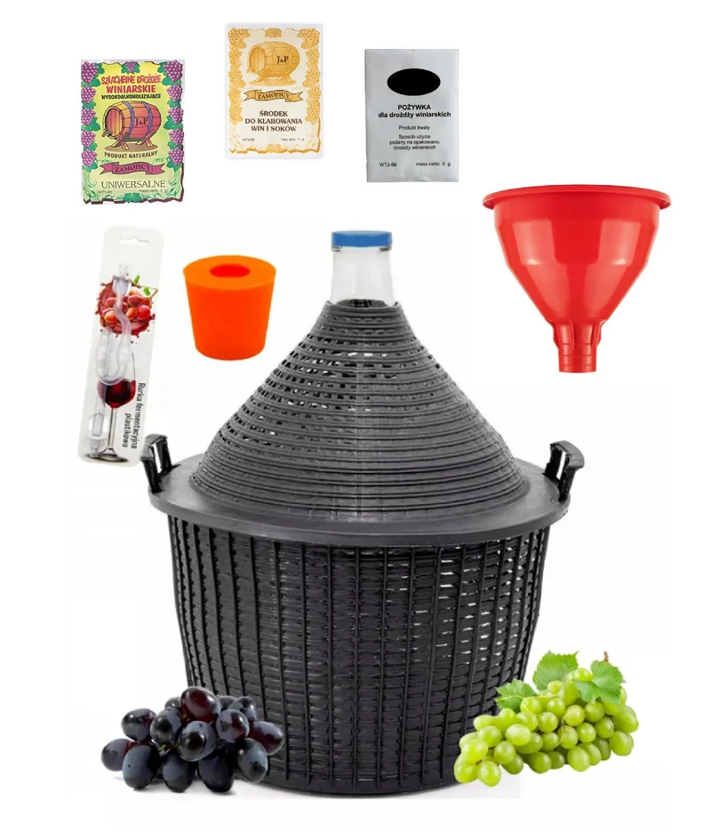 Weinballon 20L mit Kunststoffkorb + Trichter + HEFE + 1xROT-Gummistopfen + 1xGärröhrchen, Glasballon