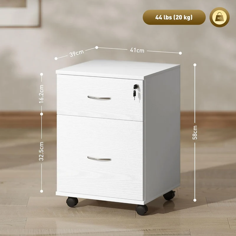 HOMCOM 2 Schubladen Abschliessbarer Aktenschrank mit Rädern, Mobiler Aktenschrank für Home Office, K