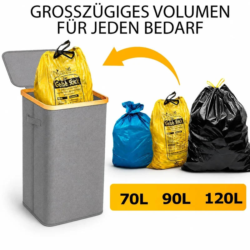 Gelber Sack Ständer Stabil mit Deckel und Innenbeutel– Mülleimer 70-120L für Gelbe Säcke & Recycling