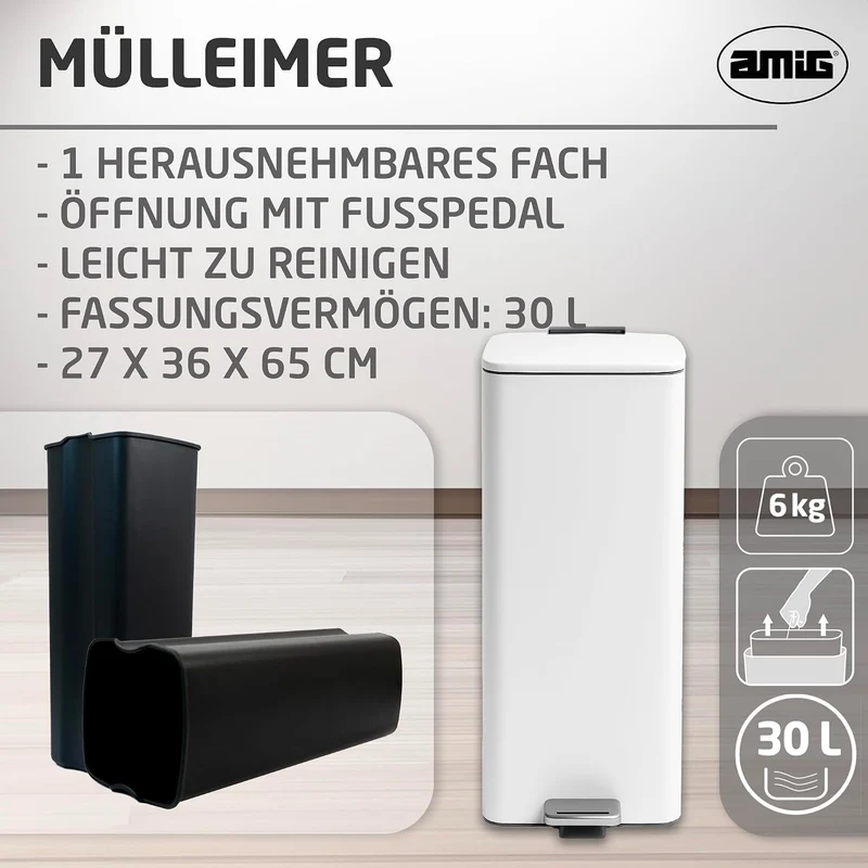 Amig - Mülleimer mit Pedal 30Liter - hygienische progressive Öffnung - für Haushaltsgebrauch - 27 x
