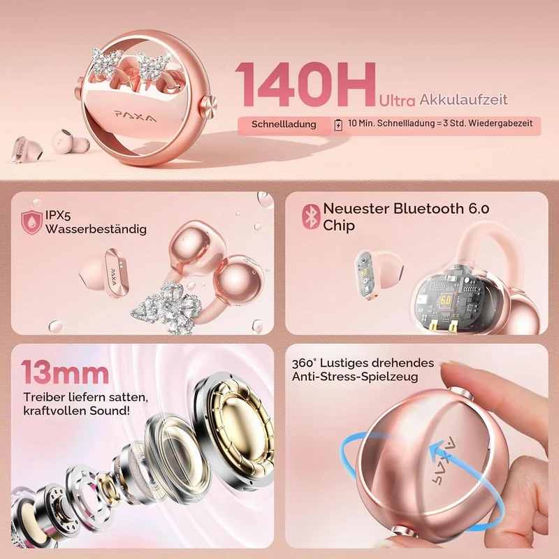 PAXA 3-in-1-Ohrringe Open Ear Kopfhörer, Stylische Modische Open Ear Kabellose Clip kopfhörer In Ear