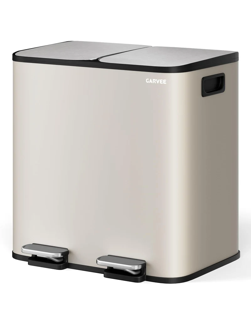 GarveeHome Mülleimer Küche, 2 x 15 L, Mülltrennsystem 2 Fächer, Edelstahl-Tretmülleimer mit 2 getren