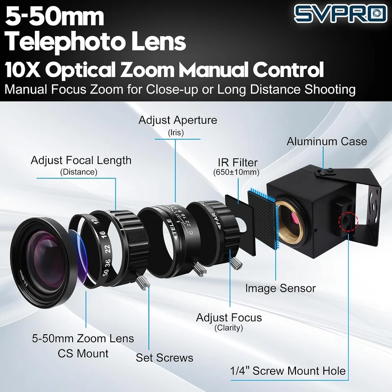 SVPRO 48 MP USB-Kamera mit 5–50 mm Zoomobjektiv, Ultra-High-Definition, 8000 x 6000 Pro, Industrieka