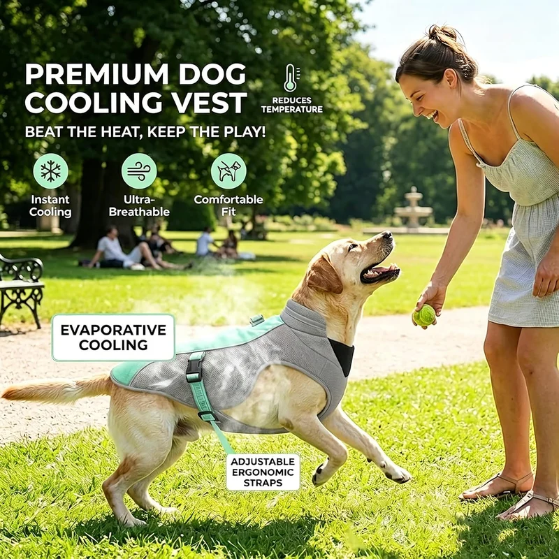 Verbesserte Hundekühlweste mit Sonnenschutz und reflektierenden Streifen, verstellbare Gurte für Lau