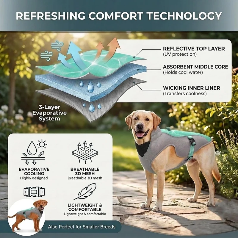 Verbesserte Hundekühlweste mit Sonnenschutz und reflektierenden Streifen, verstellbare Gurte für Lau