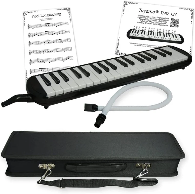 TMD-137A Melodica - 37 Tasten - mit Mundstück, Mundschlauch, Koffer, Grifftabelle und Notenbeispiele