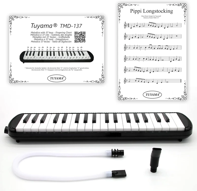 TMD-137A Melodica - 37 Tasten - mit Mundstück, Mundschlauch, Koffer, Grifftabelle und Notenbeispiele
