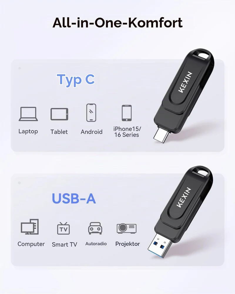 KEXIN USB C Stick 512GB USB 3.0 OTG, bis zu 130 MB/s, Dual-USB Type-C & USB-A Anschlüsse, Speicherst