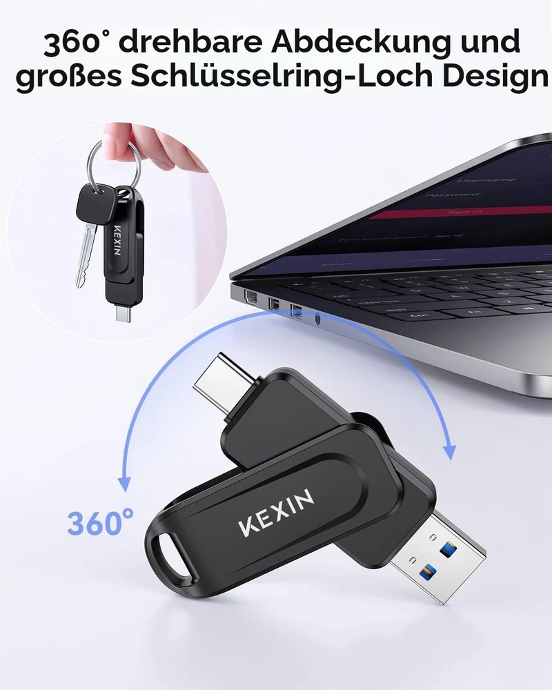 KEXIN USB C Stick 512GB USB 3.0 OTG, bis zu 130 MB/s, Dual-USB Type-C & USB-A Anschlüsse, Speicherst