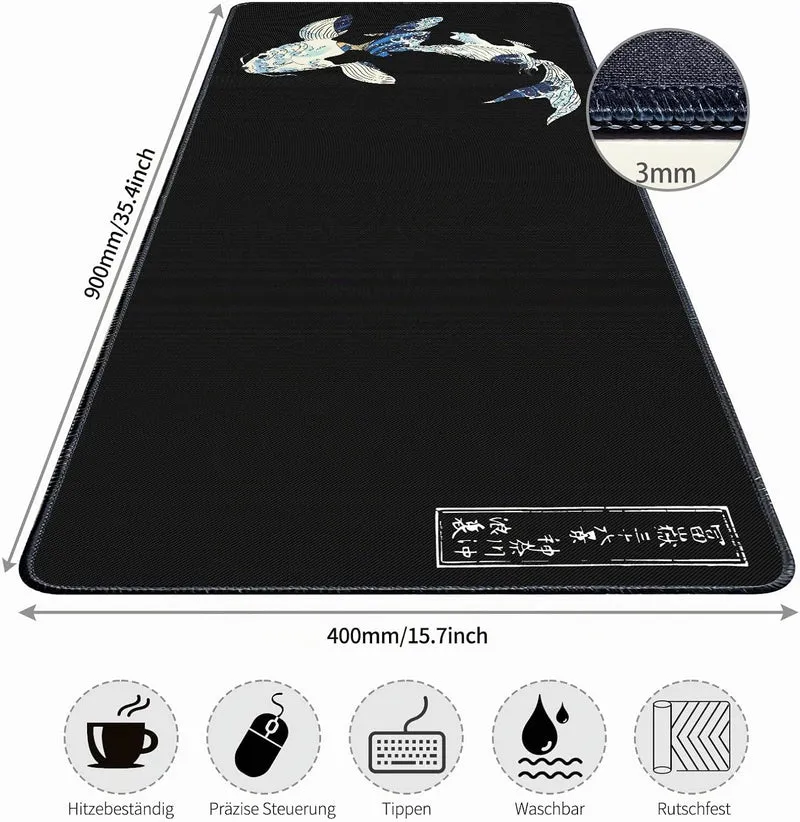 Mauspad XXL,Anime Mousepad 900x400mm Japanischer Koi Mauspad Gaming mit Rutschfester Gummibasis,Gena