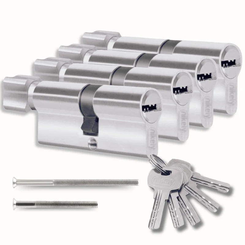 Schliesszylinder 45/45 mm mit 10 Einzelschlüsseln, Set mit 4 Doppelzylindern mit Knauf, 8 Schrauben,