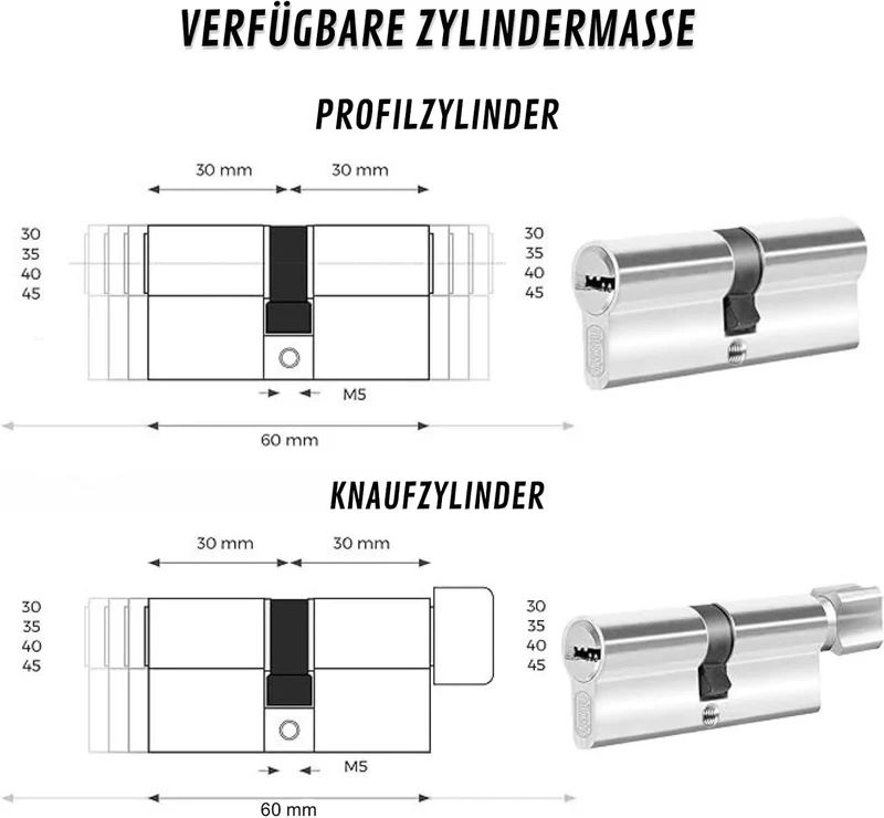 Schliesszylinder 45/45 mm mit 10 Einzelschlüsseln, Set mit 4 Doppelzylindern mit Knauf, 8 Schrauben,