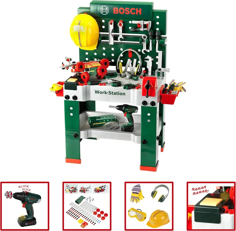 Theo Klein 8422 Bosch Werkbank Nr. 1 | 150-teilig | Inkl. Akkuschrauber, Konstruktionsset, Schleifge