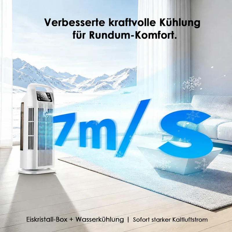 Mobile Klimaanlage ohne Abluftschlauch 6-in-1, Luftkühler mit Wasserkühlung & 1200ml Tank, 7m/s Turb