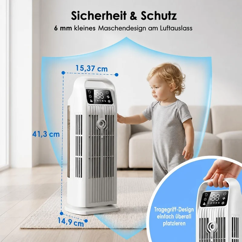 Mobile Klimaanlage ohne Abluftschlauch 6-in-1, Luftkühler mit Wasserkühlung & 1200ml Tank, 7m/s Turb