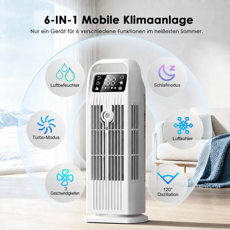 Mobile Klimaanlage ohne Abluftschlauch 6-in-1, Luftkühler mit Wasserkühlung & 1200ml Tank, 7m/s Turb