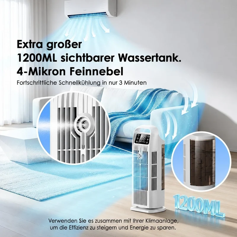 Mobile Klimaanlage ohne Abluftschlauch 6-in-1, Luftkühler mit Wasserkühlung & 1200ml Tank, 7m/s Turb