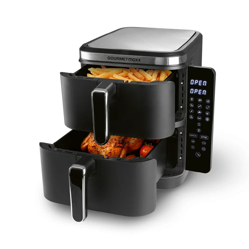 GOURMETmaxx FryUp Vertikale Doppelkammer Heissluftfritteuse | Airfryer 10 Liter | 4 Speisen auf 4 Eb