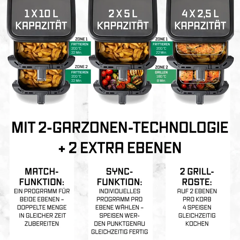GOURMETmaxx FryUp Vertikale Doppelkammer Heissluftfritteuse | Airfryer 10 Liter | 4 Speisen auf 4 Eb