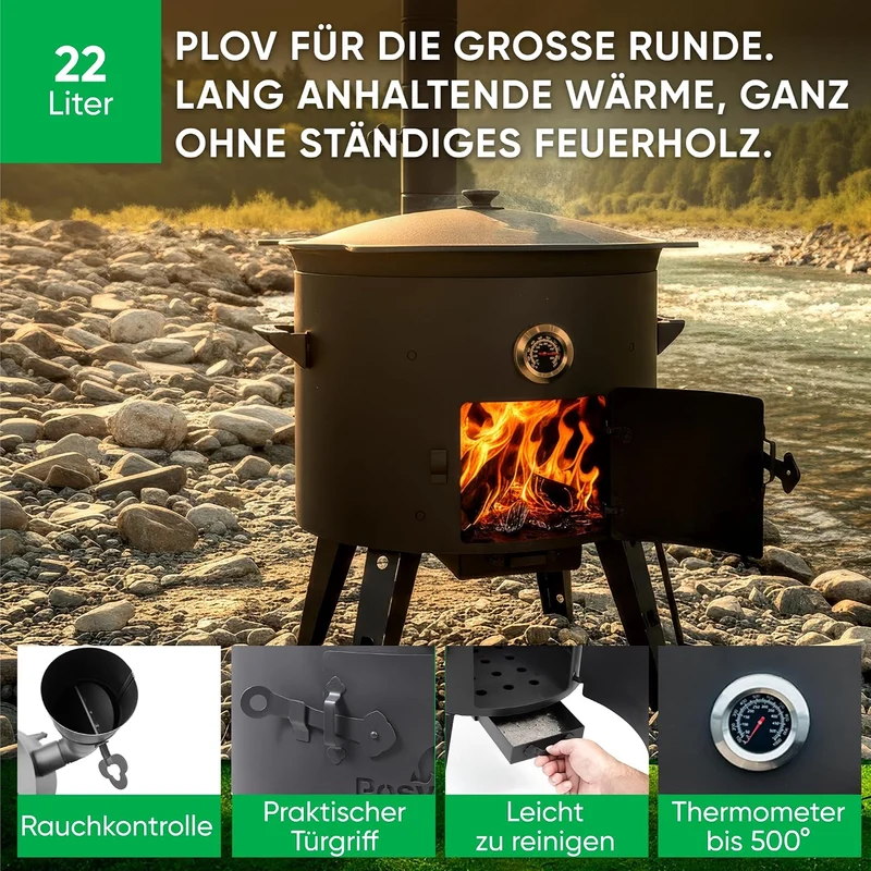 Utschak Feuerofen Ø 49 cm & Gusseisen-Kasan 22 L | Kazan-Set mit Deckel | Usbekischer Kochtopf für G