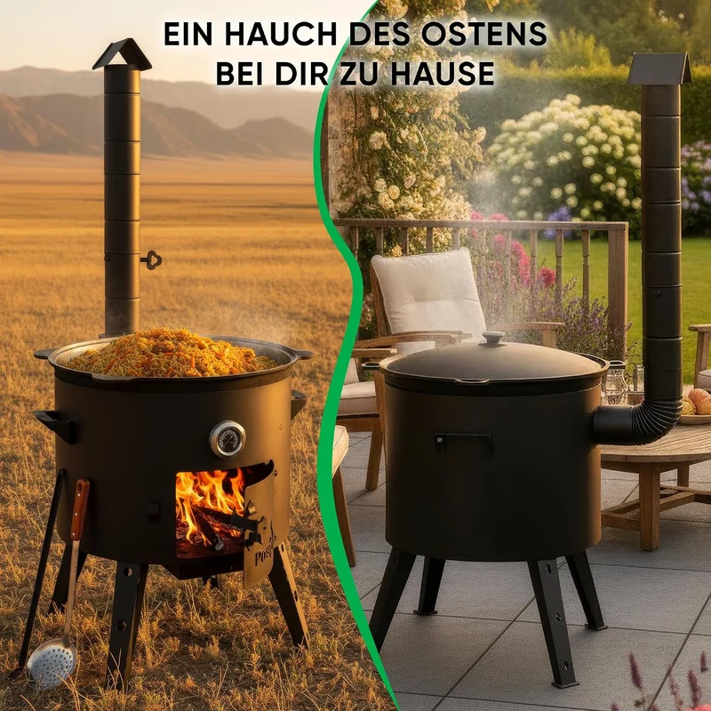 Utschak Feuerofen Ø 49 cm & Gusseisen-Kasan 22 L | Kazan-Set mit Deckel | Usbekischer Kochtopf für G