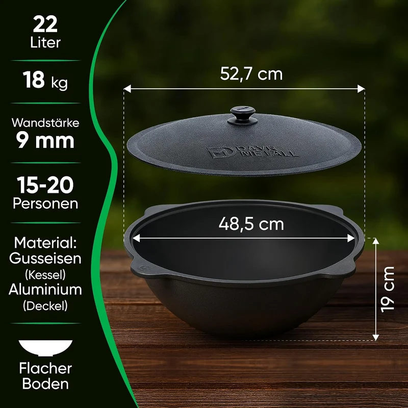 Utschak Feuerofen Ø 49 cm & Gusseisen-Kasan 22 L | Kazan-Set mit Deckel | Usbekischer Kochtopf für G