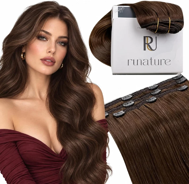 RUNATURE Echthaar Extensions Clip Braun 40cm 3 Stück Clip in Extensions Echthaar Gerade Clip Extensi