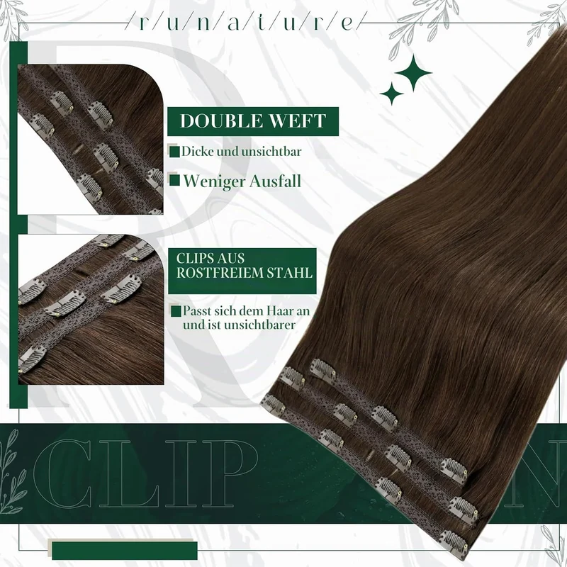 RUNATURE Echthaar Extensions Clip Braun 40cm 3 Stück Clip in Extensions Echthaar Gerade Clip Extensi
