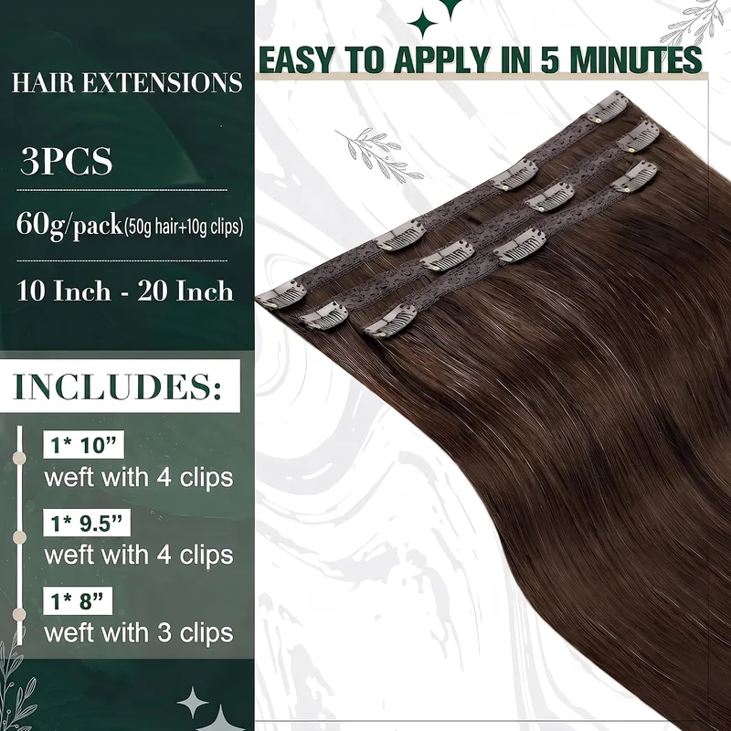 RUNATURE Echthaar Extensions Clip Braun 40cm 3 Stück Clip in Extensions Echthaar Gerade Clip Extensi