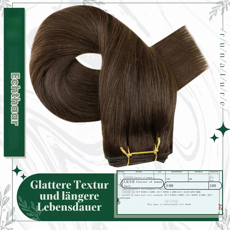 RUNATURE Echthaar Extensions Clip Braun 40cm 3 Stück Clip in Extensions Echthaar Gerade Clip Extensi