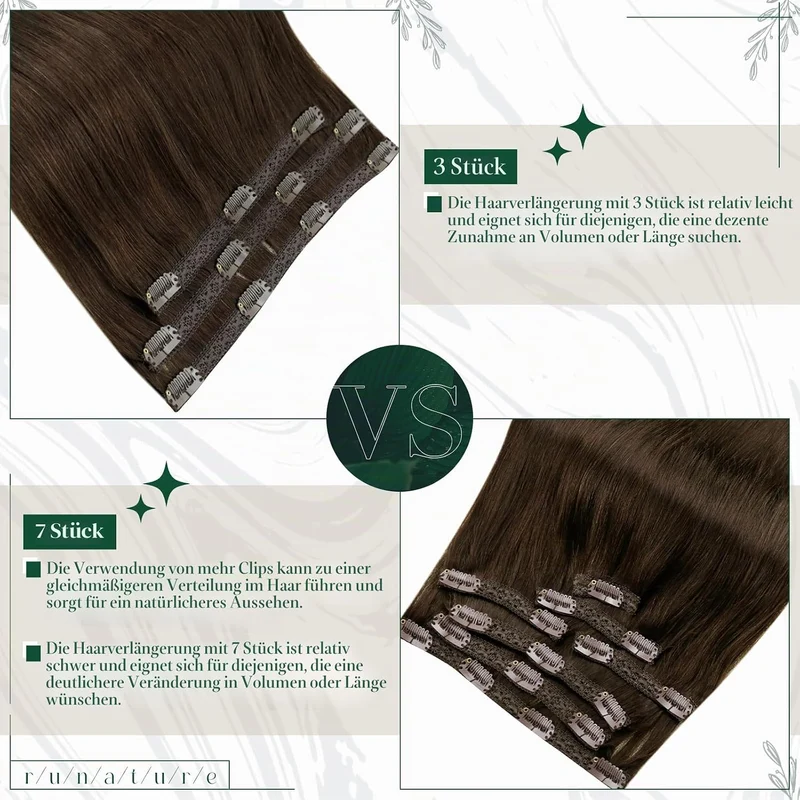 RUNATURE Echthaar Extensions Clip Braun 40cm 3 Stück Clip in Extensions Echthaar Gerade Clip Extensi