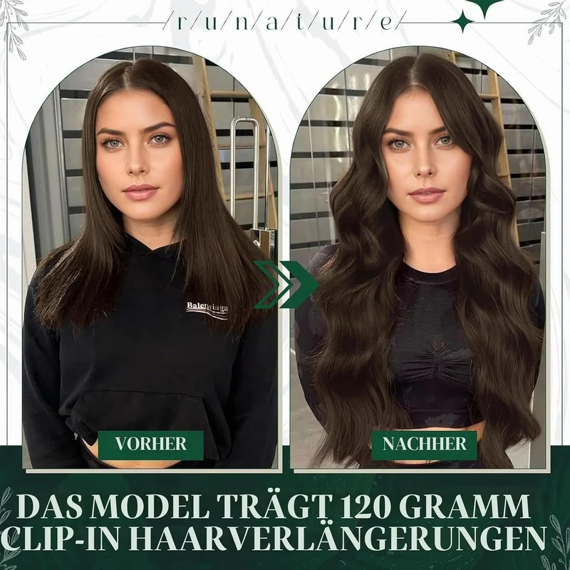 RUNATURE Echthaar Extensions Clip Braun 40cm 3 Stück Clip in Extensions Echthaar Gerade Clip Extensi
