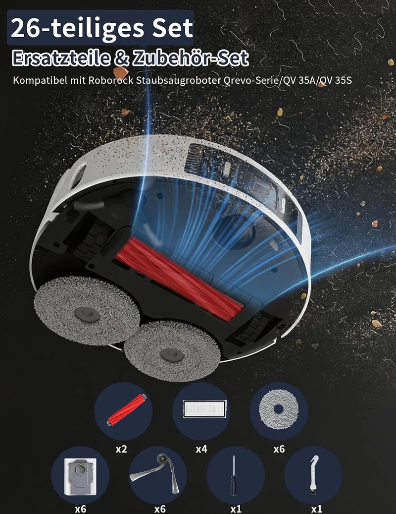 26 Stück Zubehör set für Roborock QV 35A / QV 35S，mit 2 Hauptbürsten, 6 Feuchttücher, 4 HEPA-Filter,