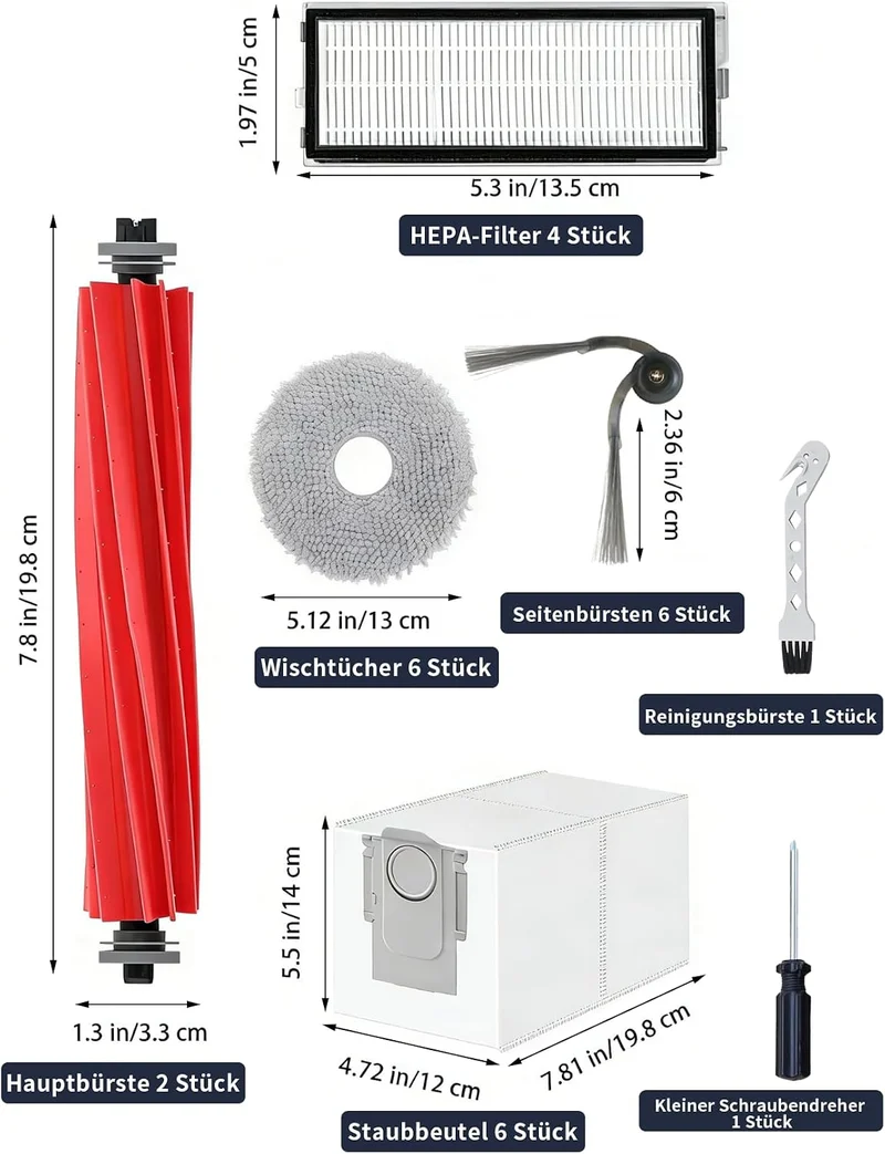 26 Stück Zubehör set für Roborock QV 35A / QV 35S，mit 2 Hauptbürsten, 6 Feuchttücher, 4 HEPA-Filter,