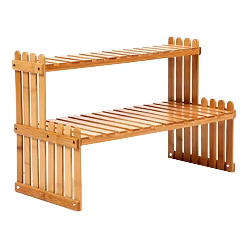 Generisch 2-stöckiges Bambus Pflanzenregal, 57x30x21cm Blumenleiter Bambus, Pflanzenständer, Tisch P