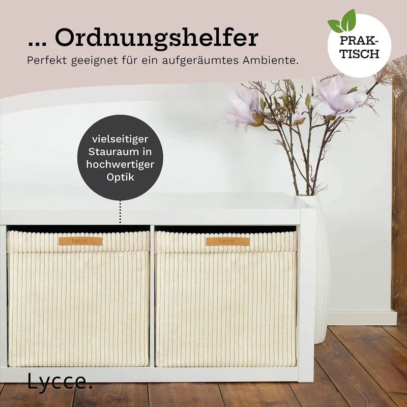 Lycce Kallax Boxen Cordstoff 4er Set | faltbare Aufbewahrungsboxen 33 x 33 x H31 cm mit abnehmbarem
