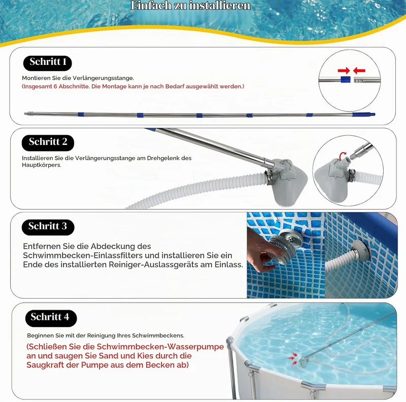 Poolsauger Bodensauger, Poolreiniger Bodensauger mit 4m Extradicker Schlauch und Edelstahlgriff, 202