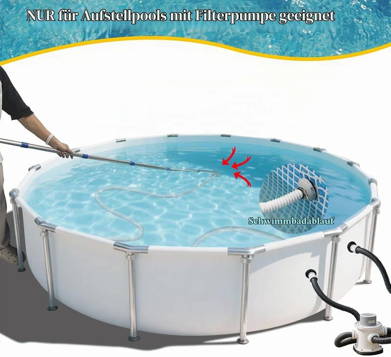 Poolsauger Bodensauger, Poolreiniger Bodensauger mit 4m Extradicker Schlauch und Edelstahlgriff, 202
