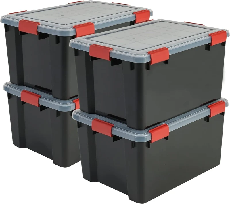 Iris Ohyama Luftdichte Kunststoff-Aufbewahrungsboxen mit Deckel, 50L, 4er-Set, Schwarz, Hermetischer