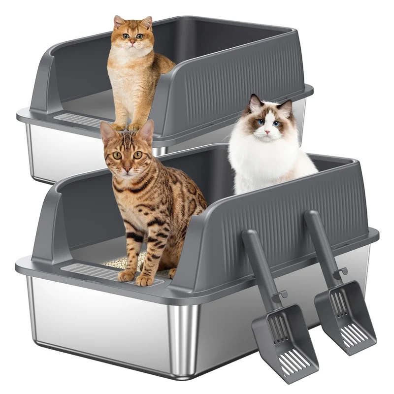 Edelstahl Offene Katzentoilette – extra grosse Katzentoilette mit hohen Seitenwänden für grosse Katz